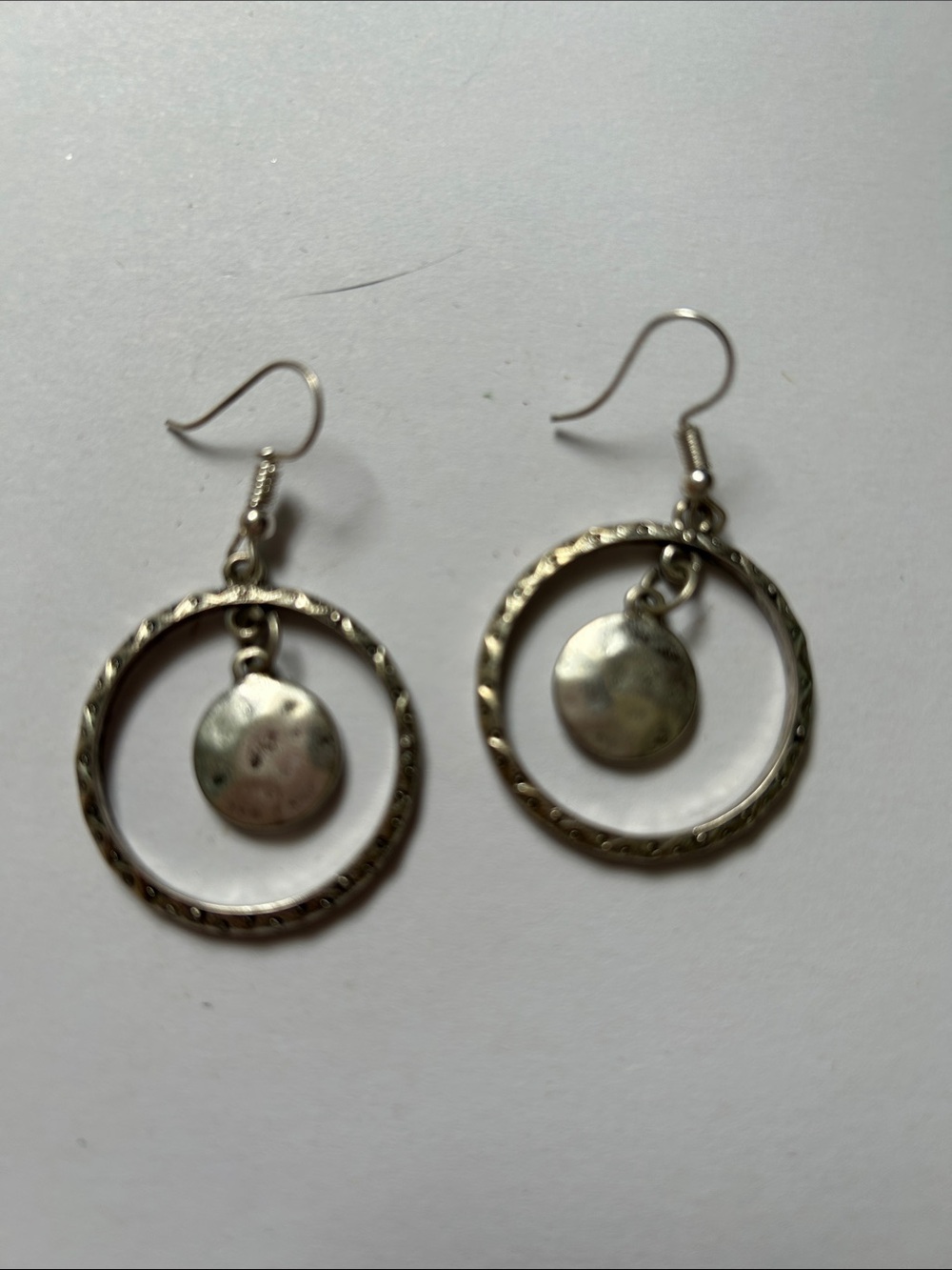 Textured Double Circle Drop Earrings - Silver Tone j24